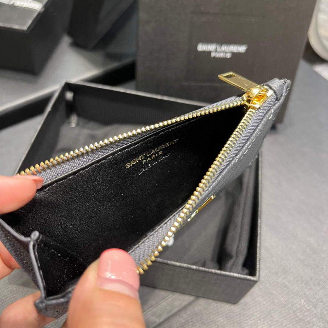 YSL Monogram Fragments Zippered Card Case In Grain De Poudre Embossed Leather 607915 Grey Gold