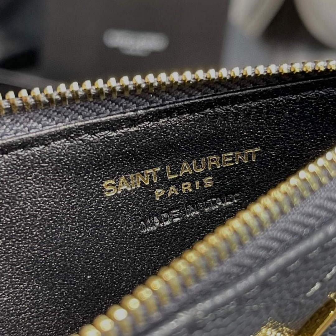YSL Monogram Fragments Zippered Card Case In Grain De Poudre Embossed Leather 607915 Grey Gold