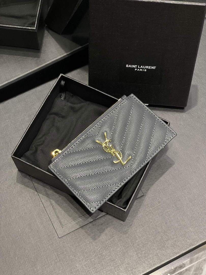 YSL Monogram Fragments Zippered Card Case In Grain De Poudre Embossed Leather 607915 Grey Gold
