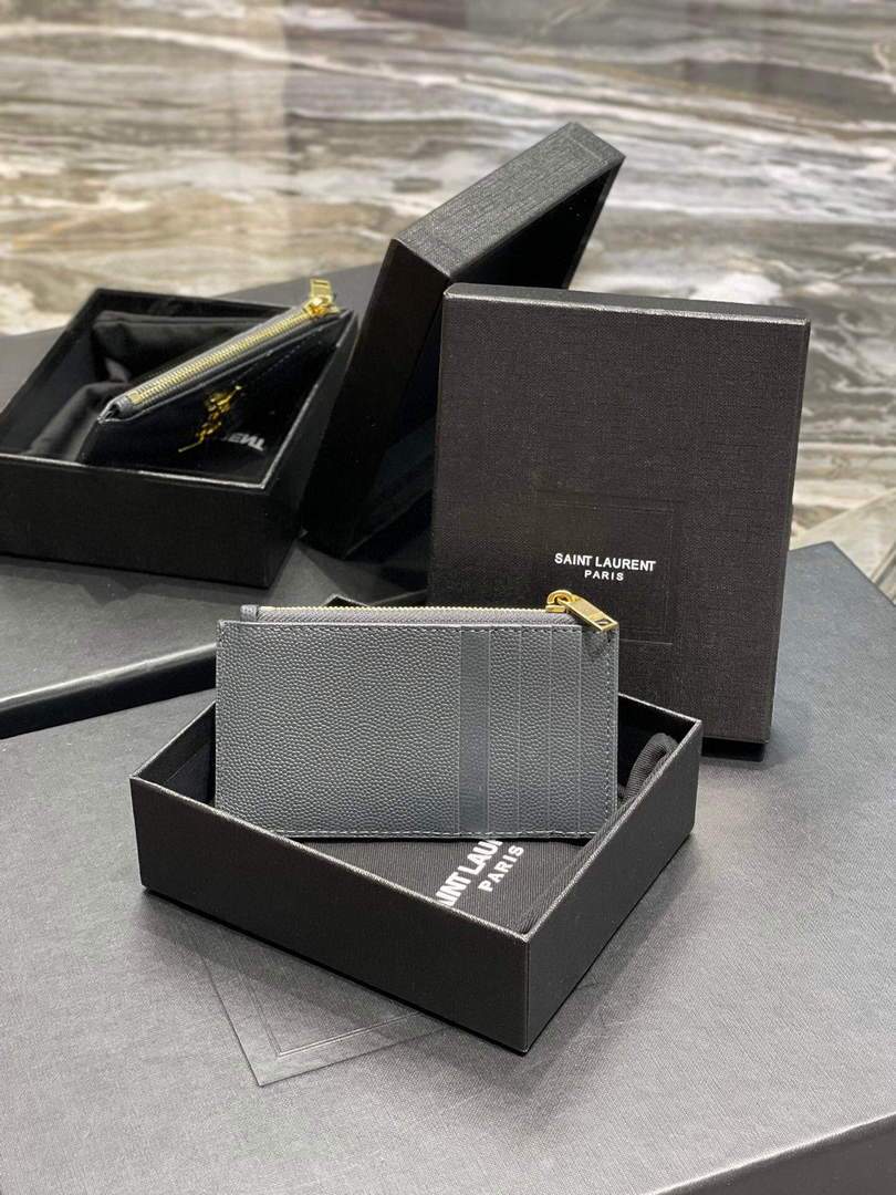 YSL Monogram Fragments Zippered Card Case In Grain De Poudre Embossed Leather 607915 Grey Gold