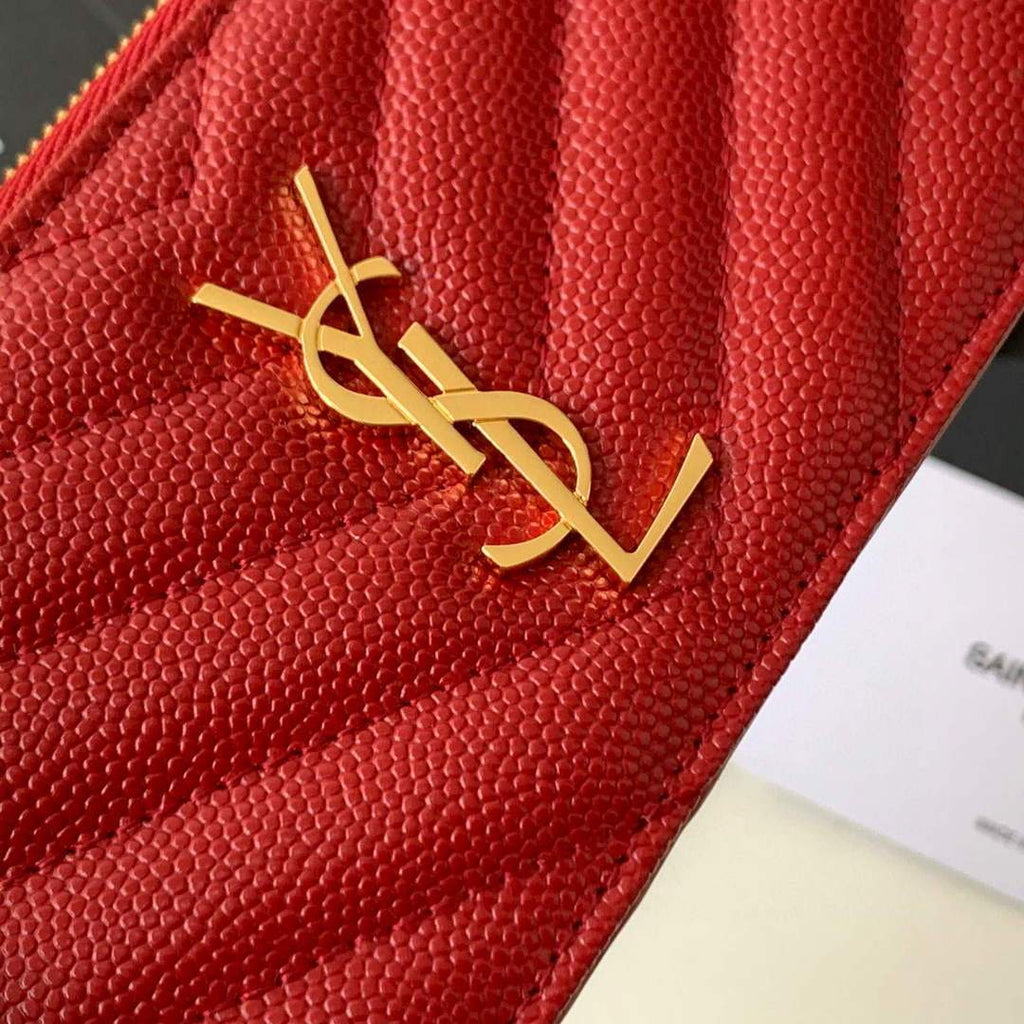 YSL Monogram Fragments Zippered Card Case In Grain De Poudre Embossed Leather 607915 Red Gold