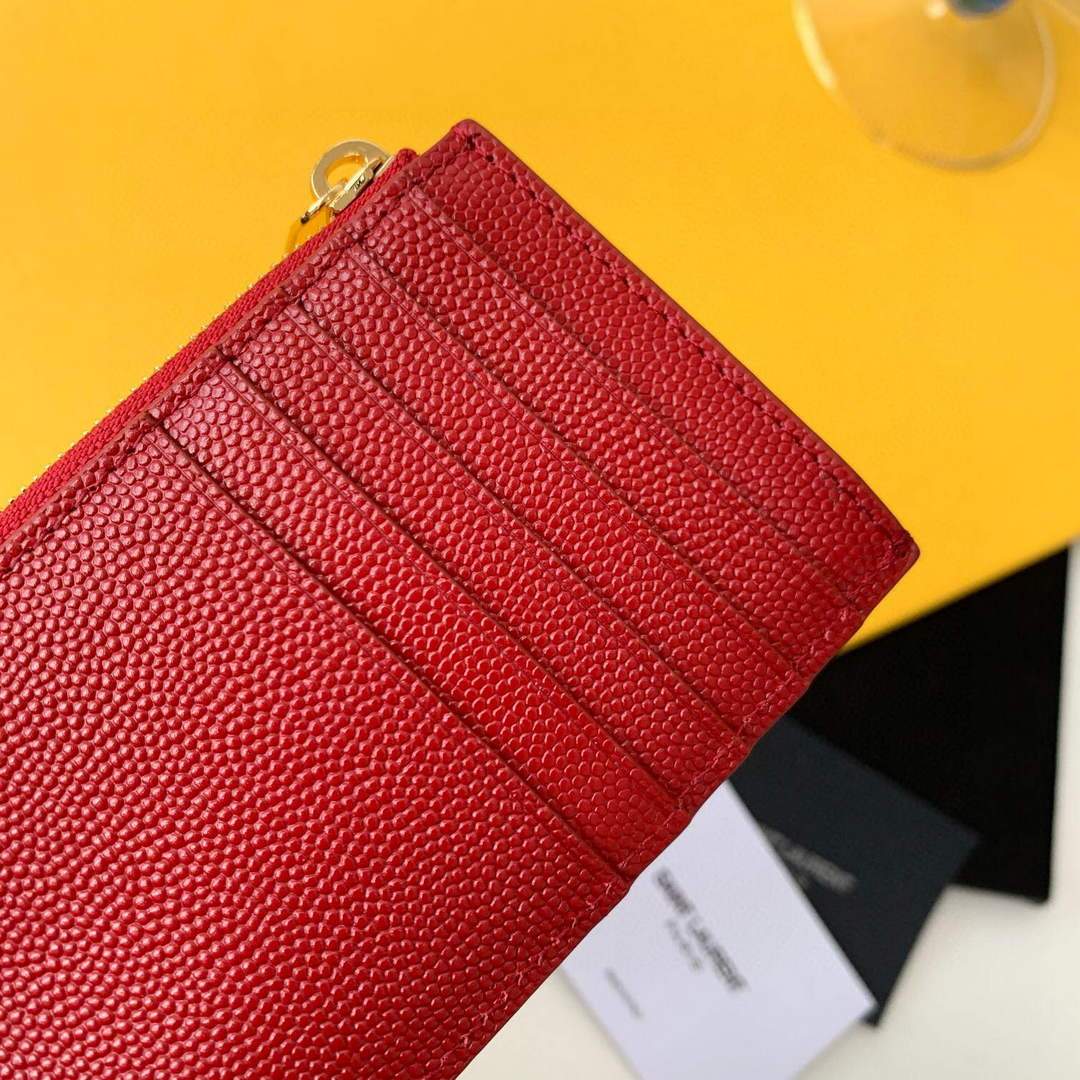 YSL Monogram Fragments Zippered Card Case In Grain De Poudre Embossed Leather 607915 Red Gold