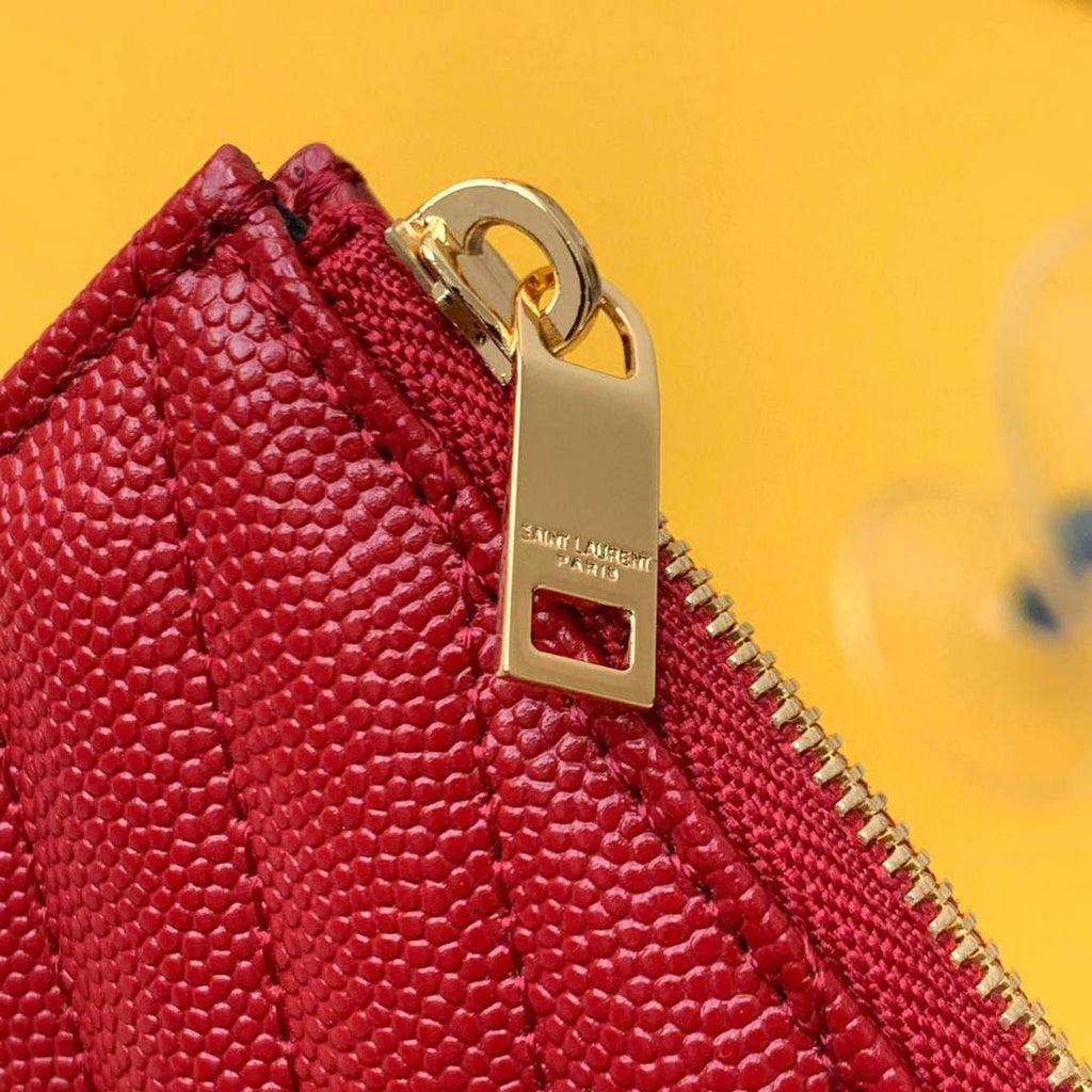 YSL Monogram Fragments Zippered Card Case In Grain De Poudre Embossed Leather 607915 Red Gold