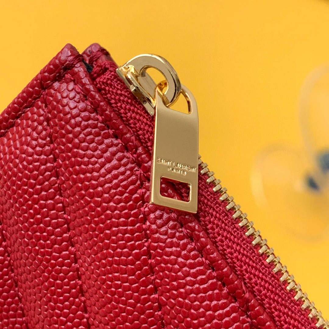 YSL Monogram Fragments Zippered Card Case In Grain De Poudre Embossed Leather 607915 Red Gold