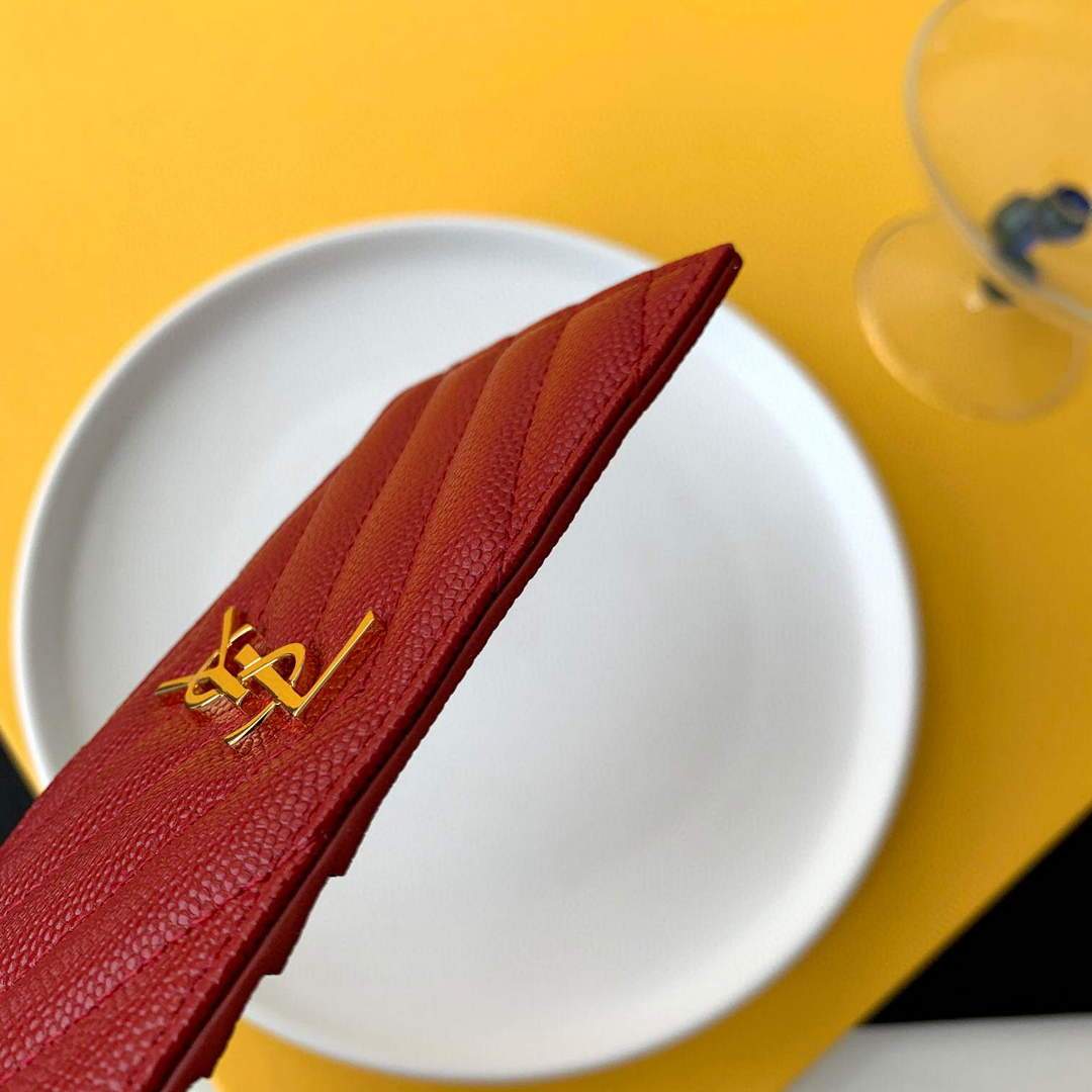 YSL Monogram Fragments Zippered Card Case In Grain De Poudre Embossed Leather 607915 Red Gold