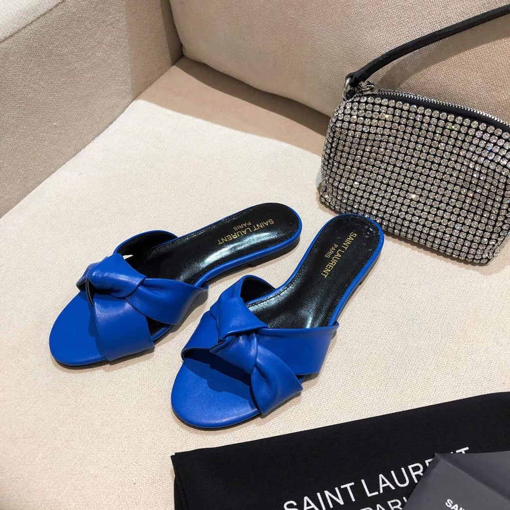Yves Saint Laurent Bianca Flat Mules In Smooth Leather Blue 30152 - luxibagsmall
