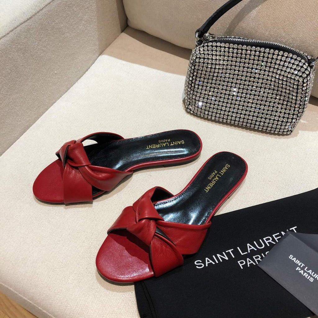 Yves Saint Laurent Bianca Flat Mules In Smooth Leather Red 30153 - luxibagsmall