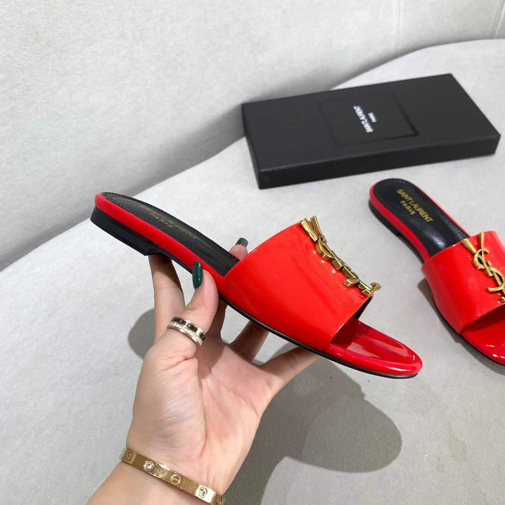 Yves Saint Laurent Flat Sandals Leather With Monogram Red 30162 - luxibagsmall