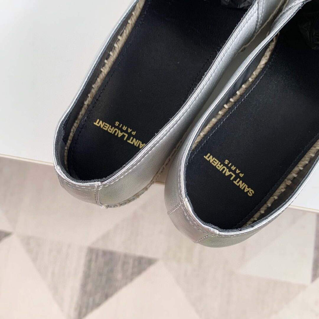 Yves Saint Laurent Logo Leather Espadrilles in Metalized Lambskin 30121 Silver - luxibagsmall