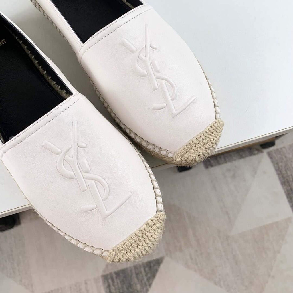 Yves Saint Laurent Logo Leather Espadrilles in Metalized Lambskin 30121 White - luxibagsmall