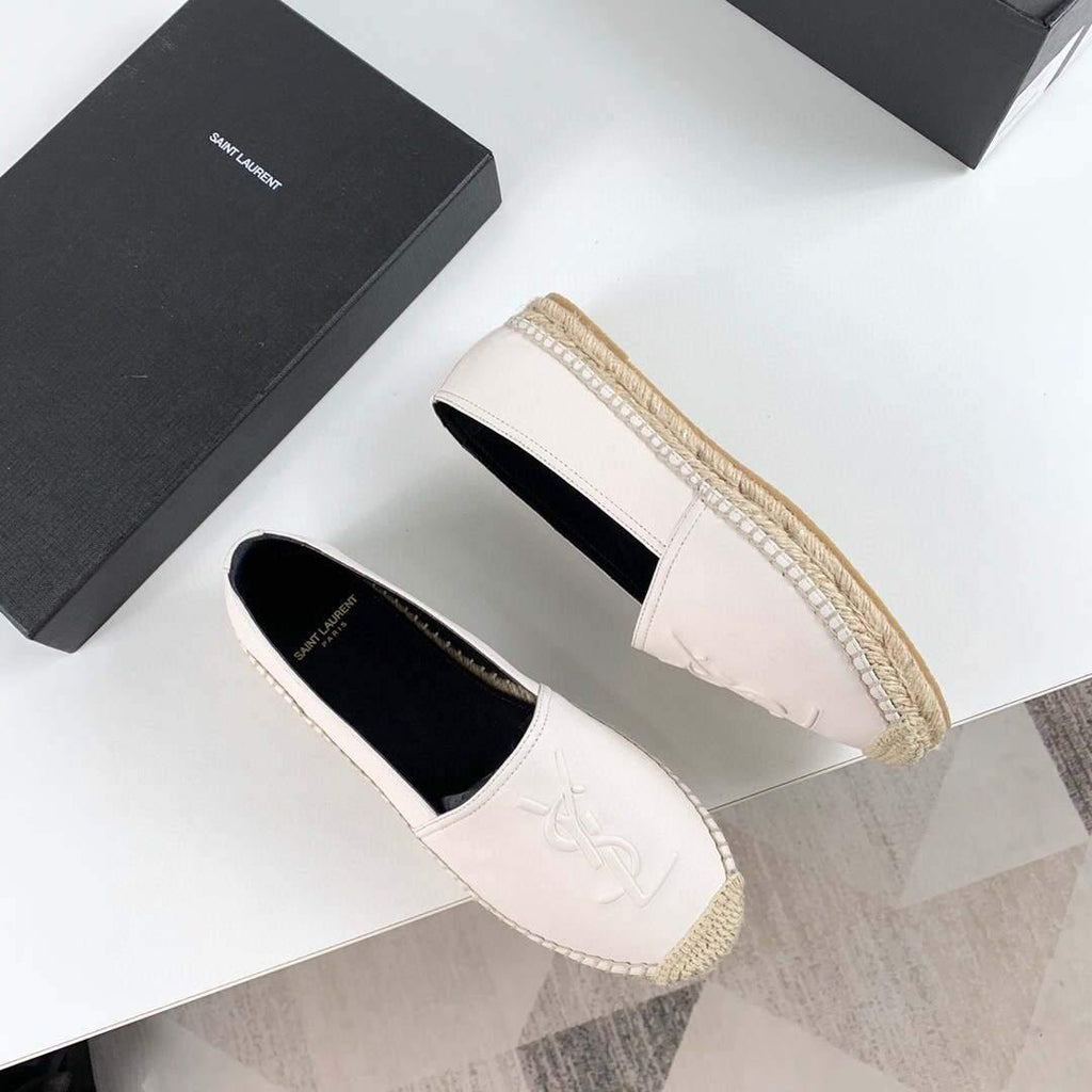 Yves Saint Laurent Logo Leather Espadrilles in Metalized Lambskin 30121 White - luxibagsmall
