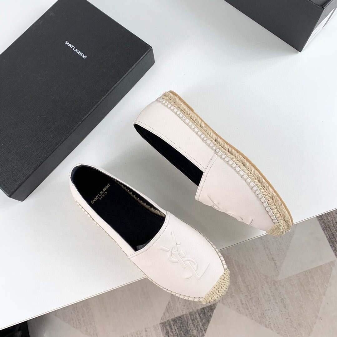 Yves Saint Laurent Logo Leather Espadrilles in Metalized Lambskin 30121 White - luxibagsmall