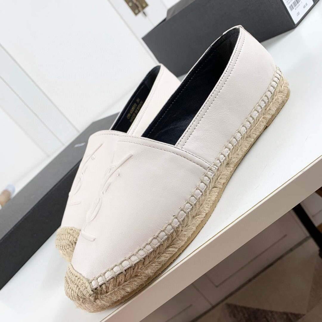 Yves Saint Laurent Logo Leather Espadrilles in Metalized Lambskin 30121 White - luxibagsmall