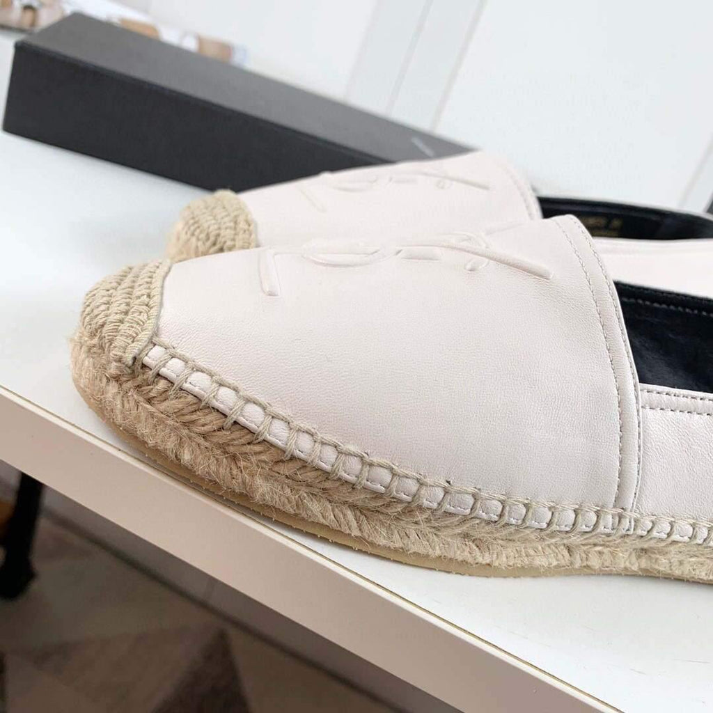 Yves Saint Laurent Logo Leather Espadrilles in Metalized Lambskin 30121 White - luxibagsmall