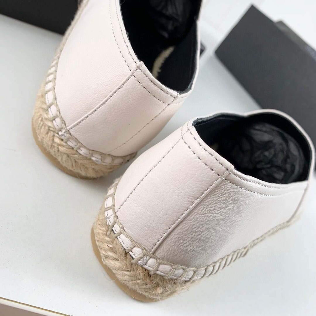 Yves Saint Laurent Logo Leather Espadrilles in Metalized Lambskin 30121 White - luxibagsmall