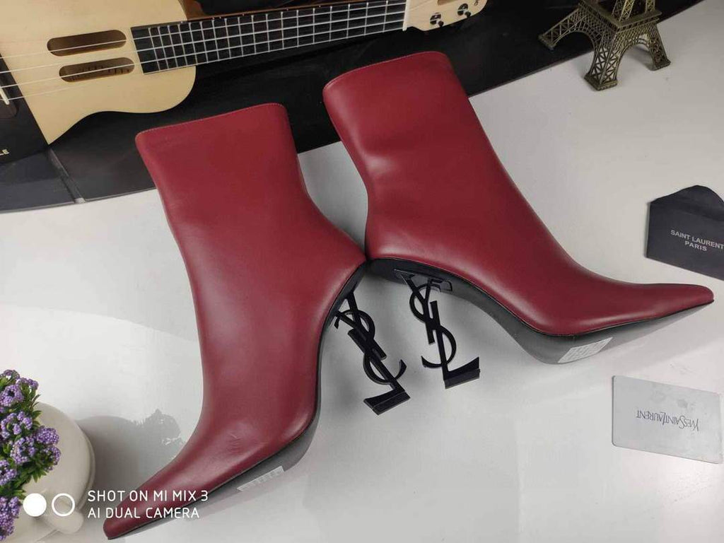 Yves Saint Laurent Opyum Ankle Boots Leather 5637530 Wine Red with Black Heel - luxibagsmall