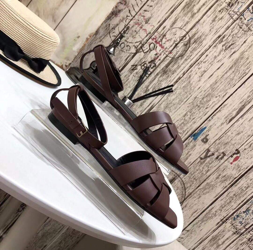 Yves Saint Laurent Tribute Flat Sandals In Smooth Leather 30150 - luxibagsmall