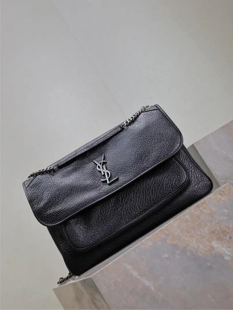 Yves Saint Laurent YSL 755857 Niki Large In Lambskin Leather Bag Black Elephant Pattern Silver Buckle