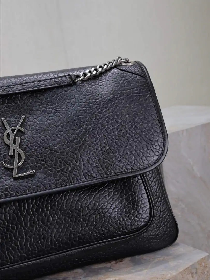 Yves Saint Laurent YSL 755857 Niki Large In Lambskin Leather Bag Black Elephant Pattern Silver Buckle