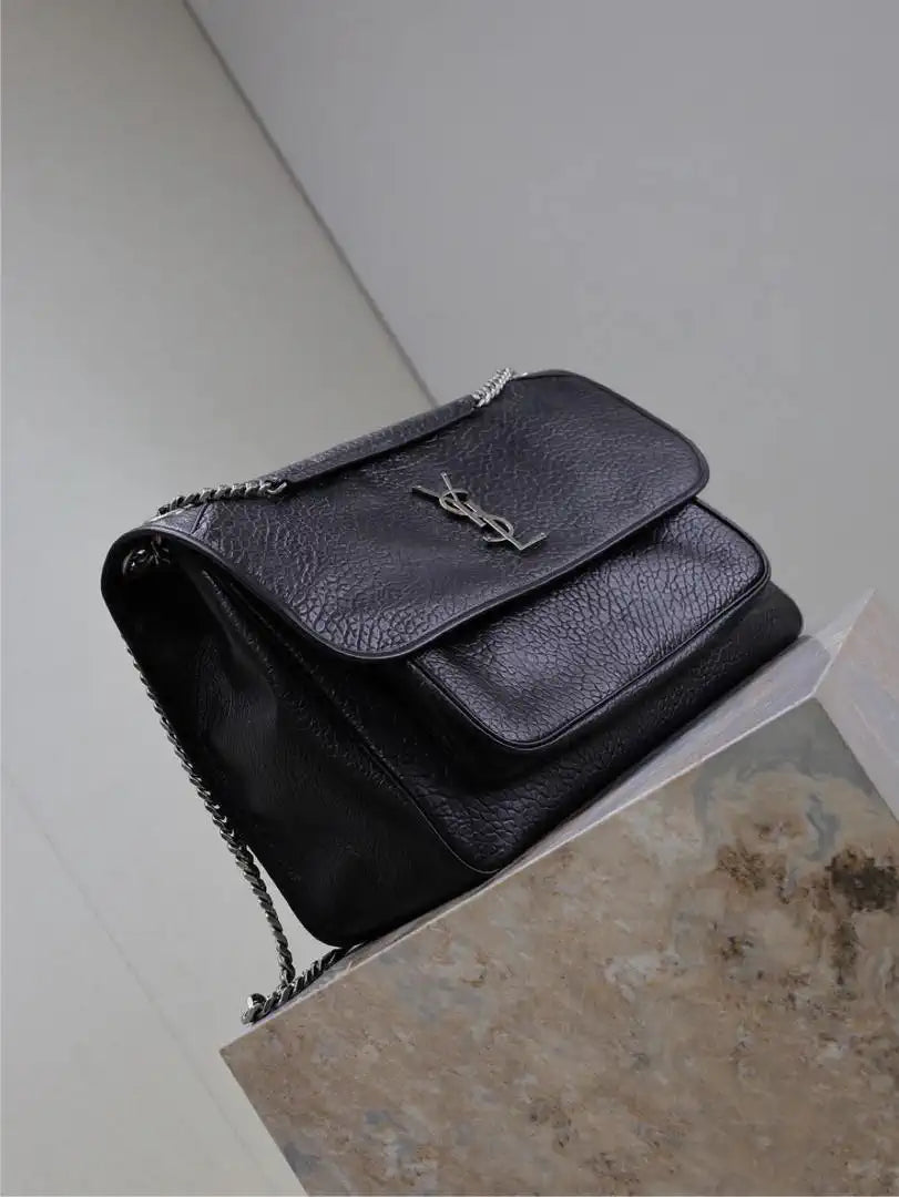 Yves Saint Laurent YSL 755857 Niki Large In Lambskin Leather Bag Black Elephant Pattern Silver Buckle