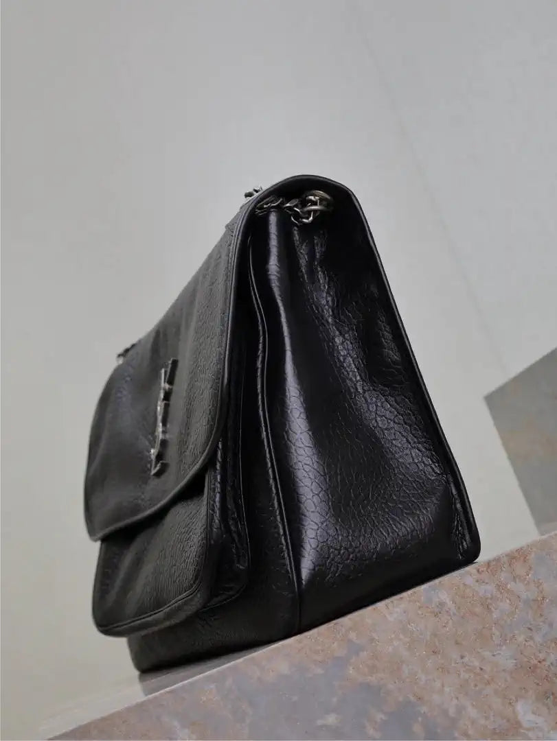 Yves Saint Laurent YSL 755857 Niki Large In Lambskin Leather Bag Black Elephant Pattern Silver Buckle