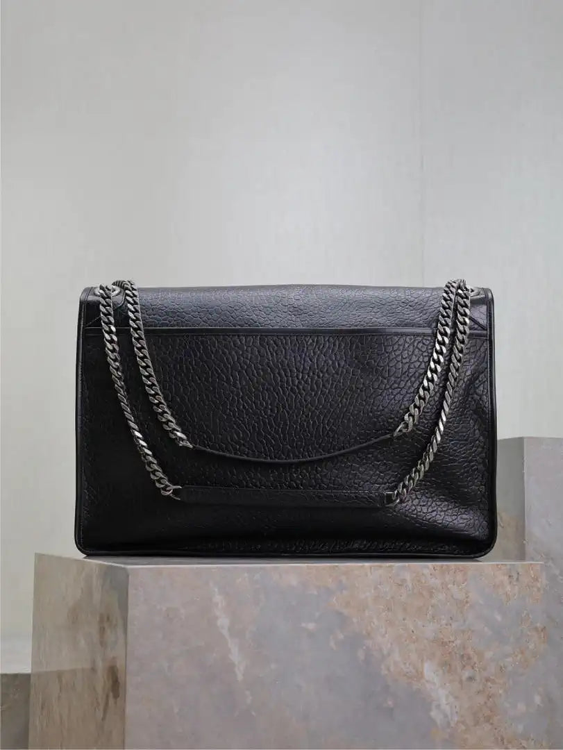 Yves Saint Laurent YSL 755857 Niki Large In Lambskin Leather Bag Black Elephant Pattern Silver Buckle