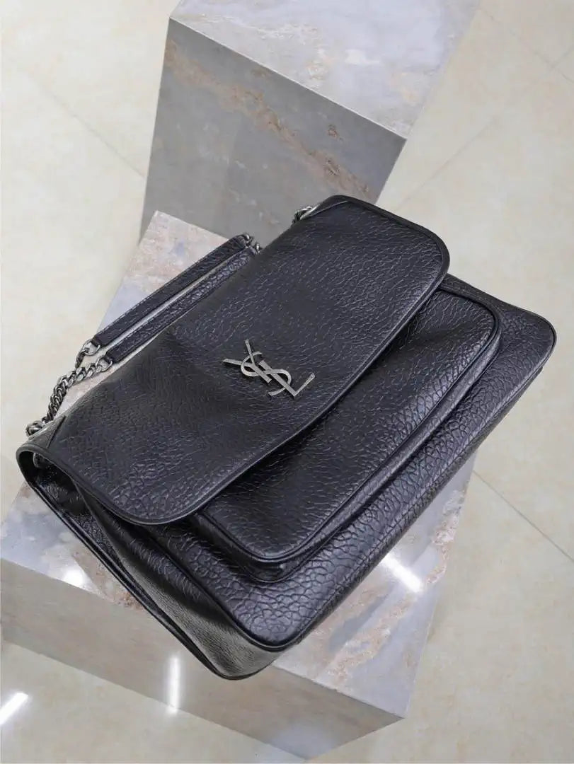 Yves Saint Laurent YSL 755857 Niki Large In Lambskin Leather Bag Black Elephant Pattern Silver Buckle
