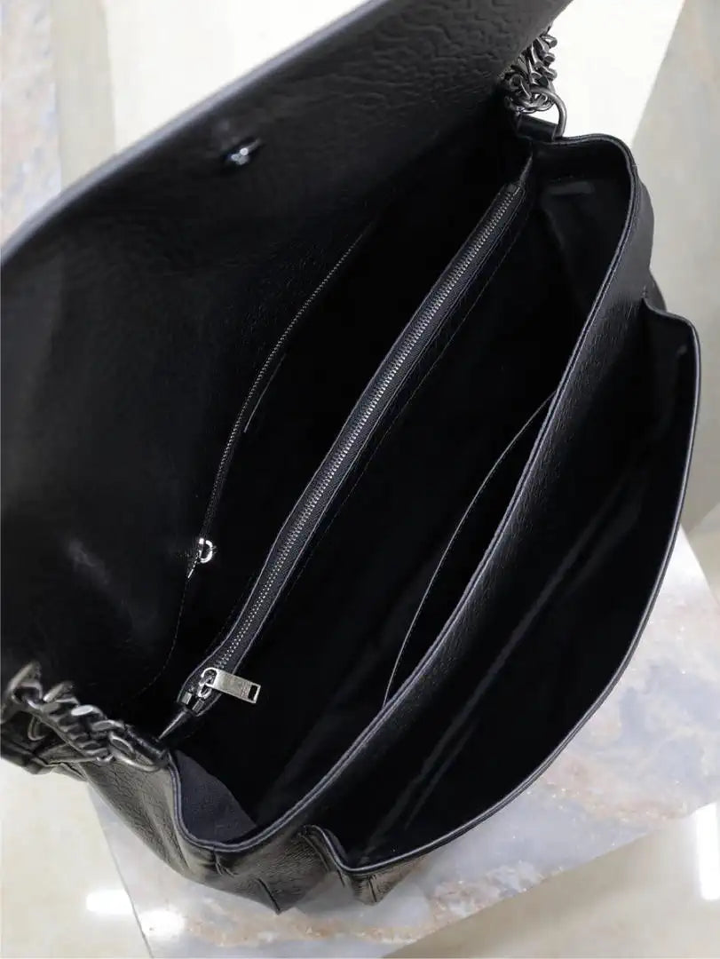 Yves Saint Laurent YSL 755857 Niki Large In Lambskin Leather Bag Black Elephant Pattern Silver Buckle