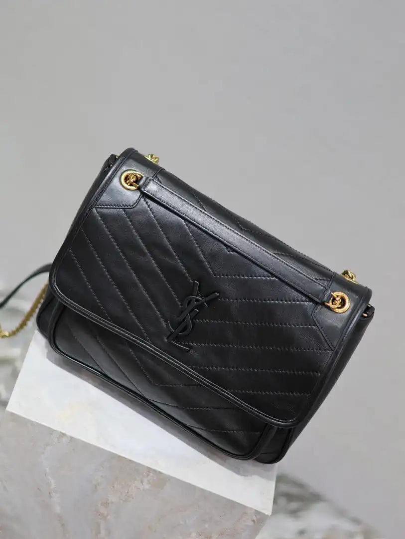 Yves Saint Laurent YSL 498830 Niki Large In Lambskin Leather Bag Black