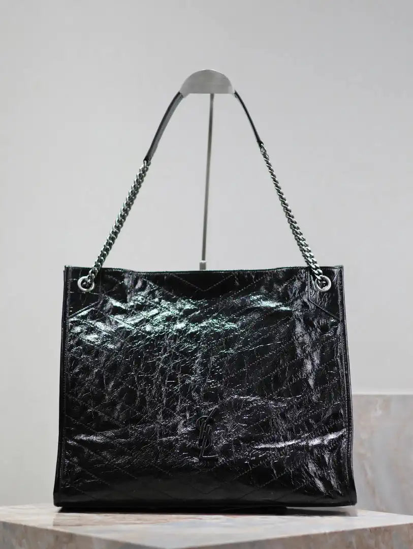Yves Saint Laurent YSL 577998 NIKI Large Retro Pleated Genuine Leather Shopping Bag
