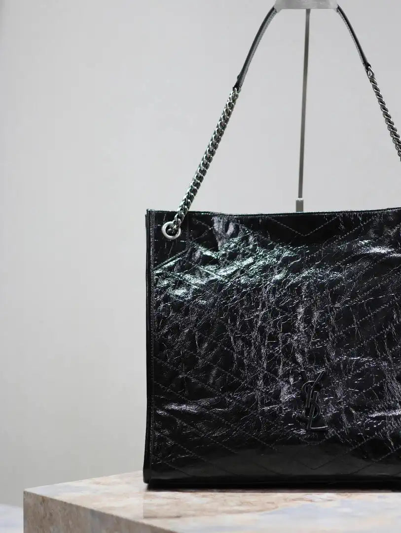 Yves Saint Laurent YSL 577998 NIKI Large Retro Pleated Genuine Leather Shopping Bag