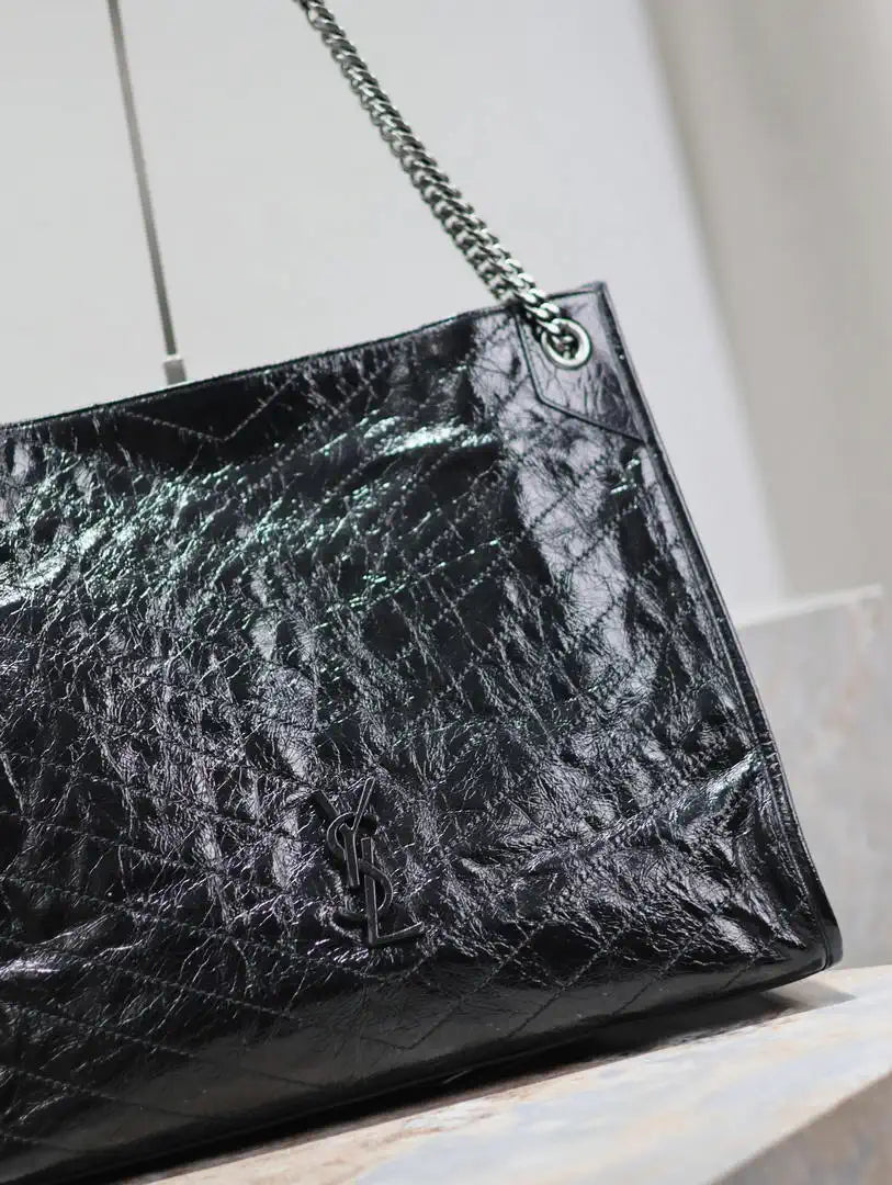 Yves Saint Laurent YSL 577998 NIKI Large Retro Pleated Genuine Leather Shopping Bag