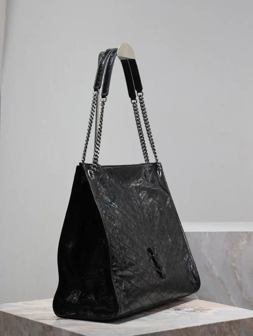Yves Saint Laurent YSL 577998 NIKI Large Retro Pleated Genuine Leather Shopping Bag