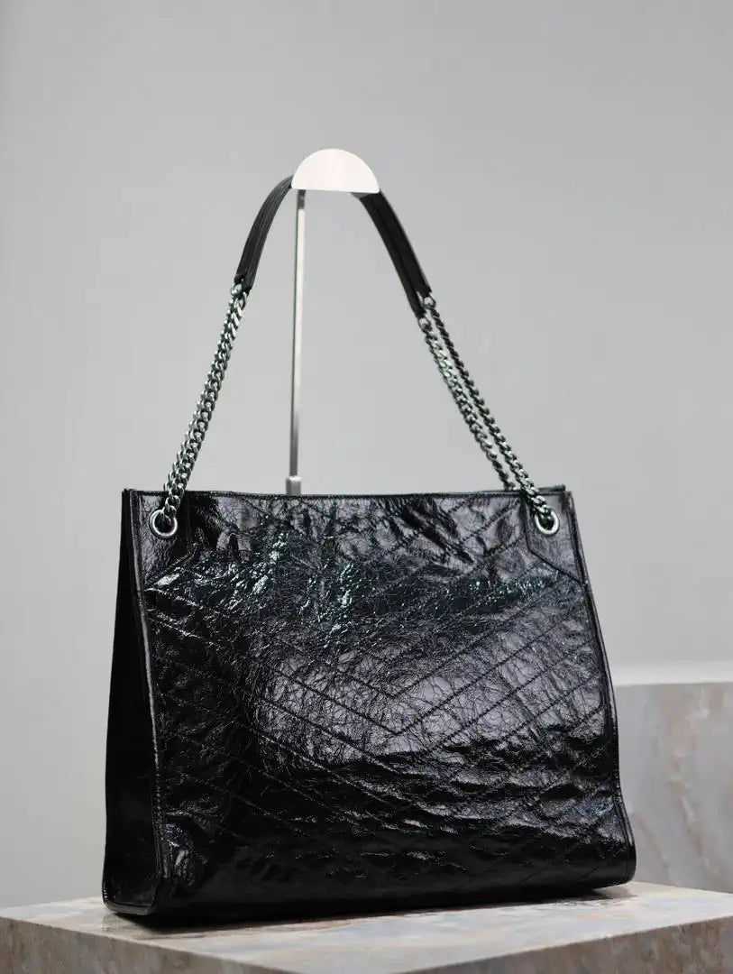 Yves Saint Laurent YSL 577998 NIKI Large Retro Pleated Genuine Leather Shopping Bag