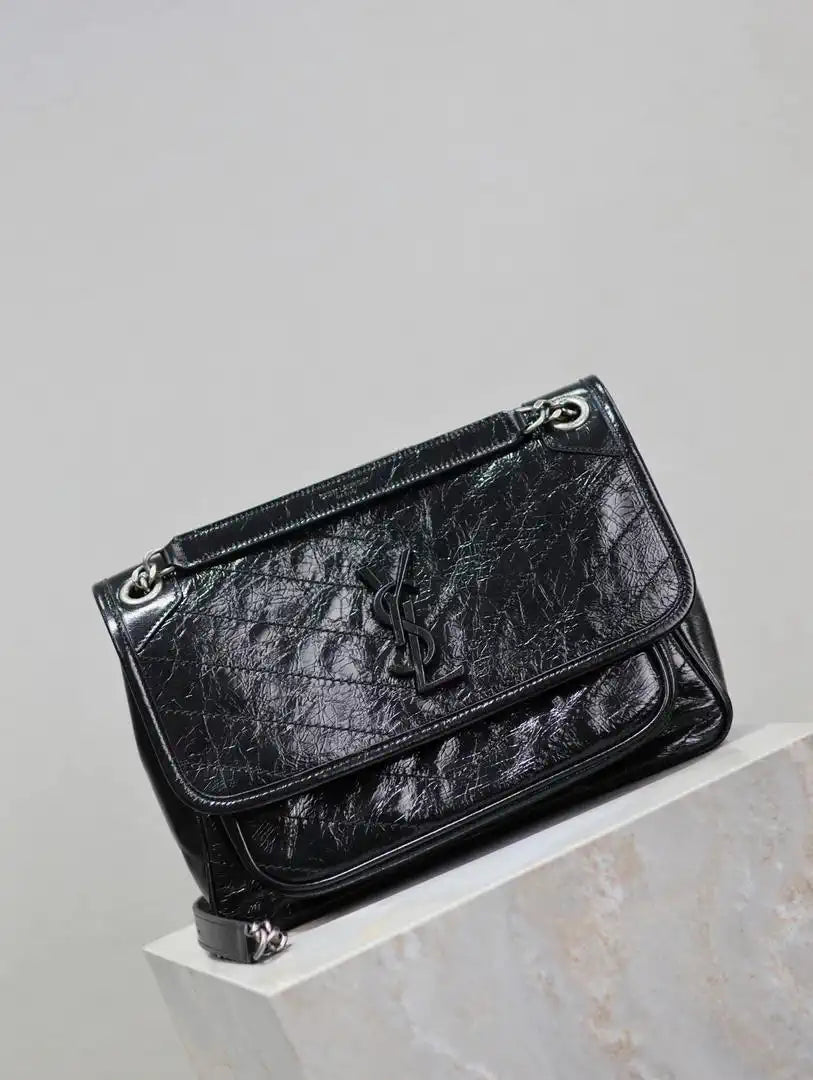 Yves Saint Laurent YSL 633158 Niki Medium In Quilted Crinkled Vintage Leather Bag Black