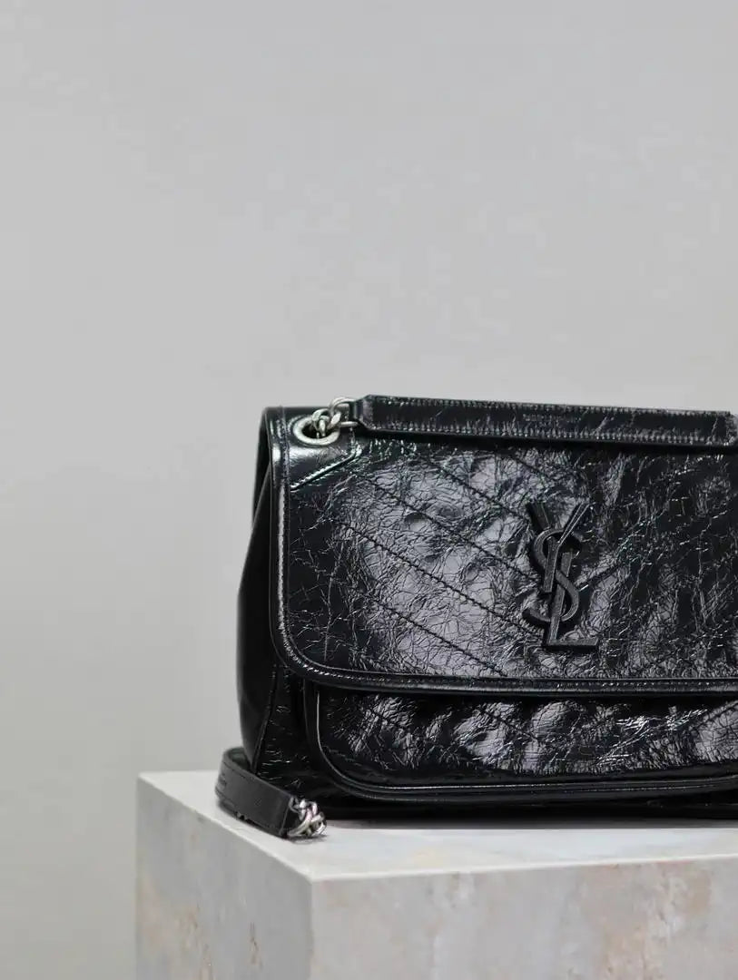 Yves Saint Laurent YSL 633158 Niki Medium In Quilted Crinkled Vintage Leather Bag Black