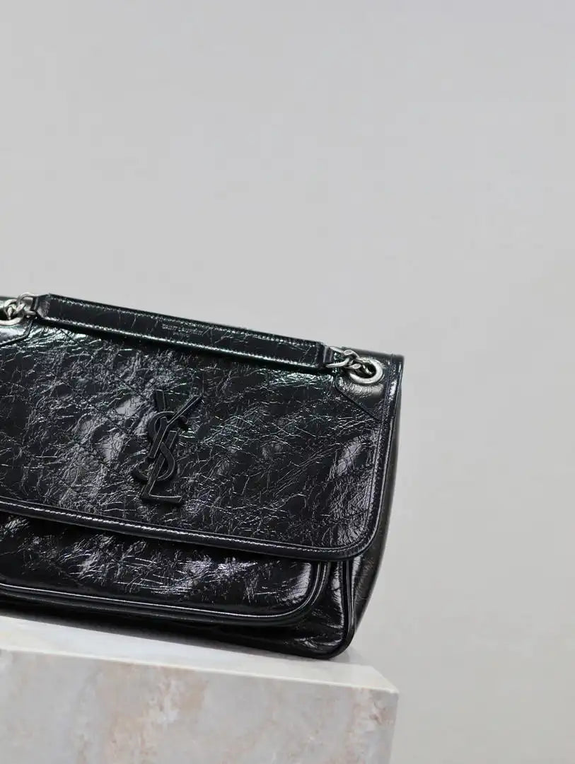 Yves Saint Laurent YSL 633158 Niki Medium In Quilted Crinkled Vintage Leather Bag Black