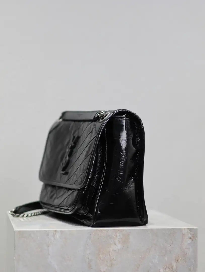 Yves Saint Laurent YSL 633158 Niki Medium In Quilted Crinkled Vintage Leather Bag Black