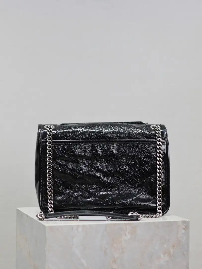 Yves Saint Laurent YSL 633158 Niki Medium In Quilted Crinkled Vintage Leather Bag Black