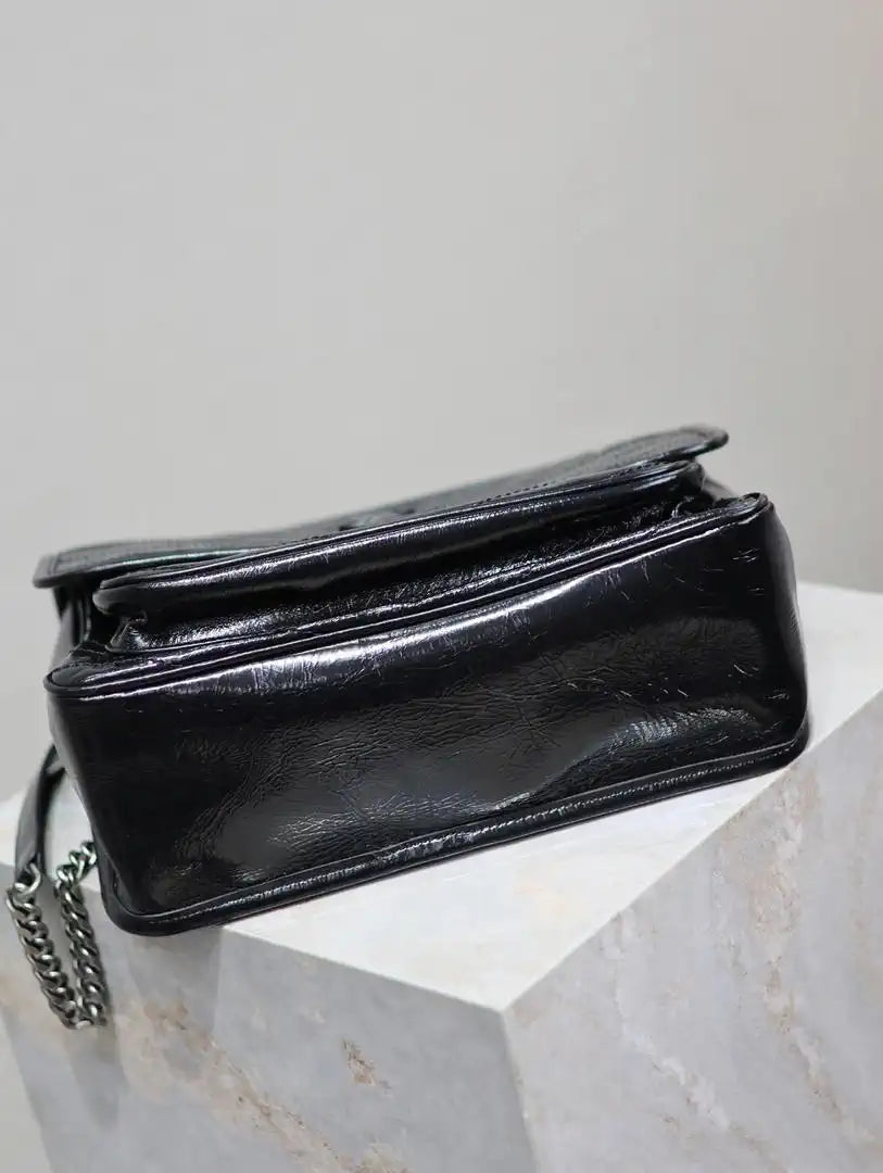 Yves Saint Laurent YSL 633158 Niki Medium In Quilted Crinkled Vintage Leather Bag Black