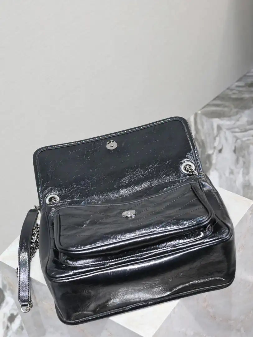 Yves Saint Laurent YSL 633158 Niki Medium In Quilted Crinkled Vintage Leather Bag Black