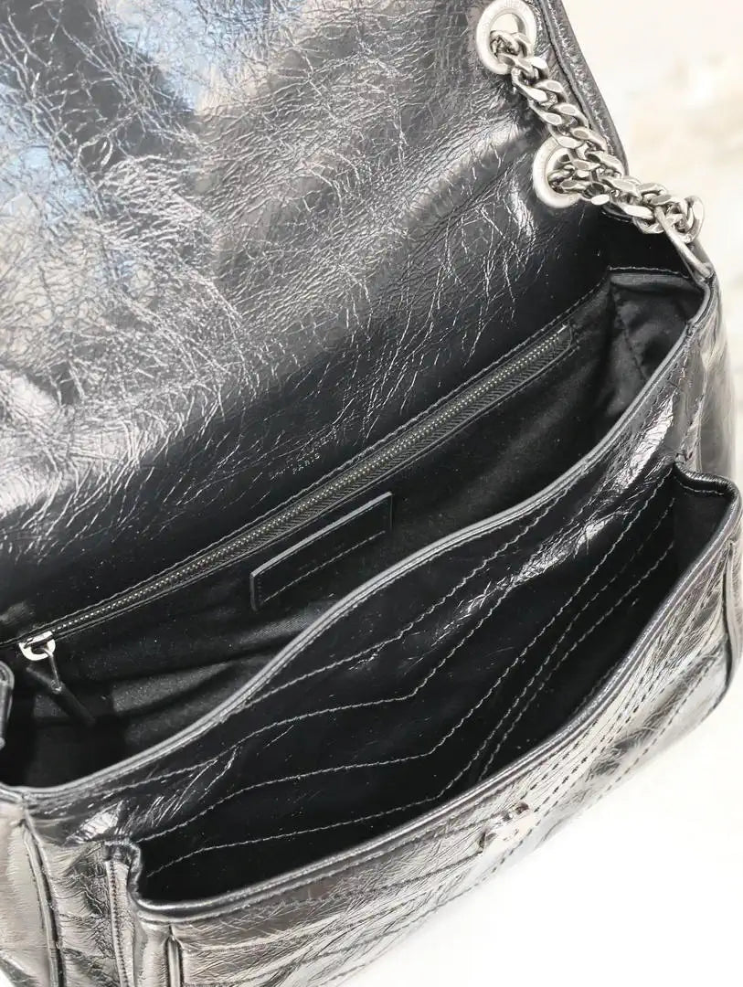 Yves Saint Laurent YSL 633158 Niki Medium In Quilted Crinkled Vintage Leather Bag Black