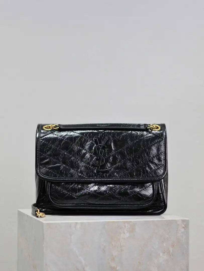 Yves Saint Laurent YSL 633158 Niki Medium In Quilted Crinkled Vintage Leather Bag Black Gold
