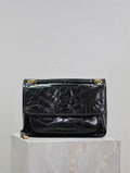 Yves Saint Laurent YSL 633158 Niki Medium In Quilted Crinkled Vintage Leather Bag Black Gold