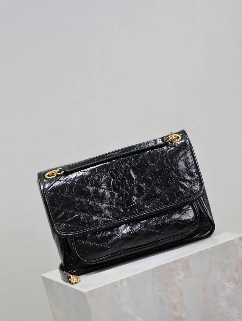 Yves Saint Laurent YSL 633158 Niki Medium In Quilted Crinkled Vintage Leather Bag Black Gold