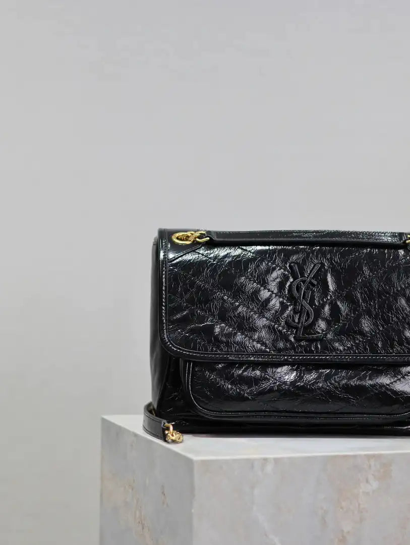 Yves Saint Laurent YSL 633158 Niki Medium In Quilted Crinkled Vintage Leather Bag Black Gold