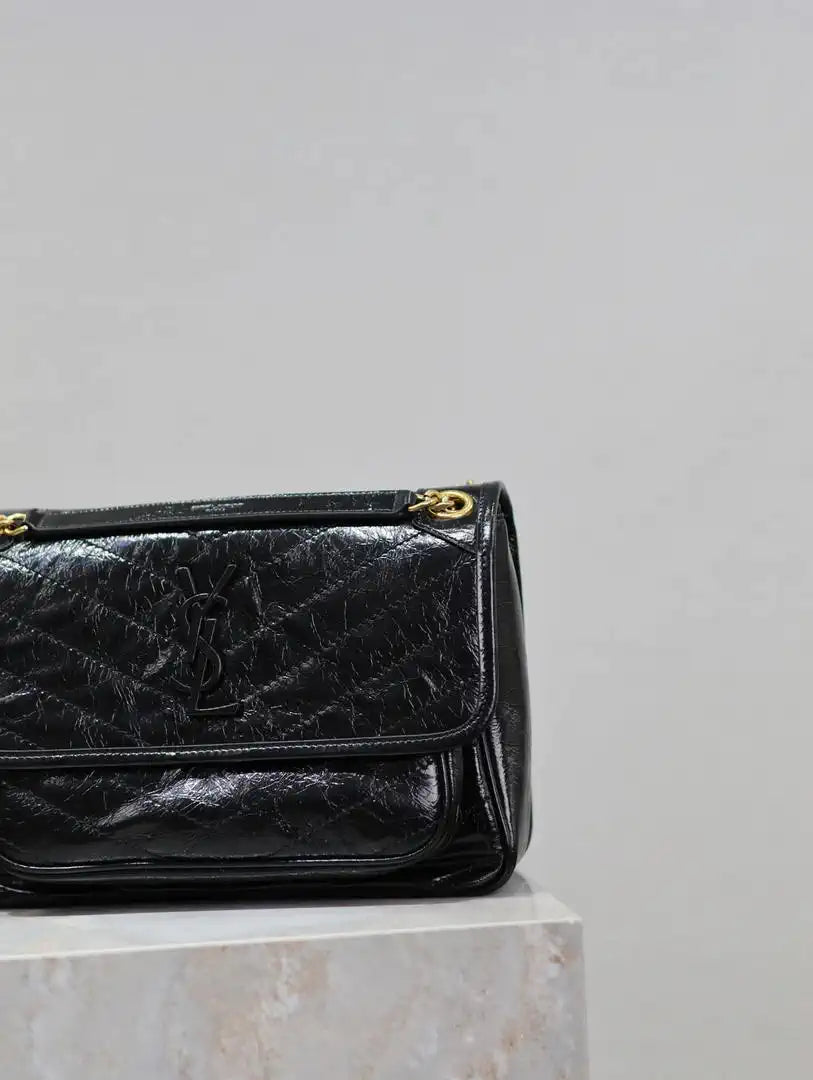Yves Saint Laurent YSL 633158 Niki Medium In Quilted Crinkled Vintage Leather Bag Black Gold