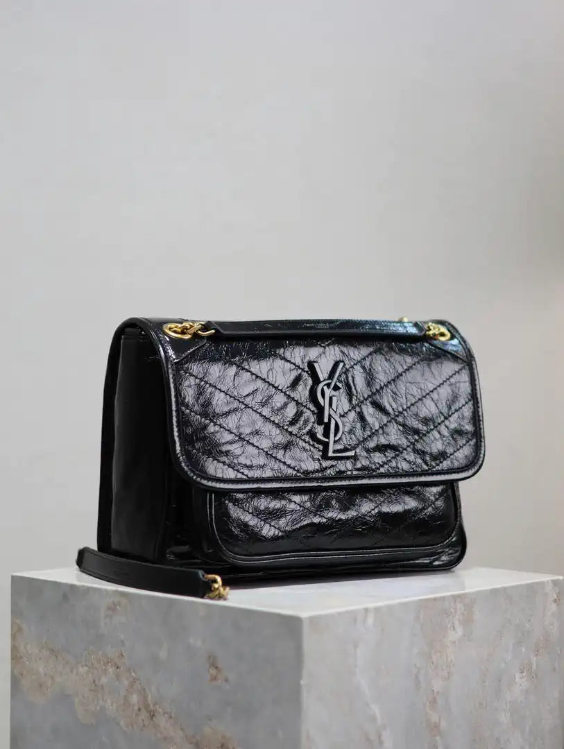 Yves Saint Laurent YSL 633158 Niki Medium In Quilted Crinkled Vintage Leather Bag Black Gold