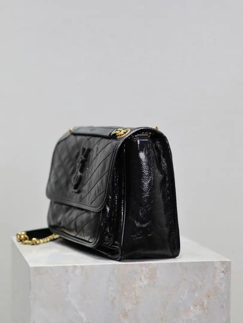 Yves Saint Laurent YSL 633158 Niki Medium In Quilted Crinkled Vintage Leather Bag Black Gold