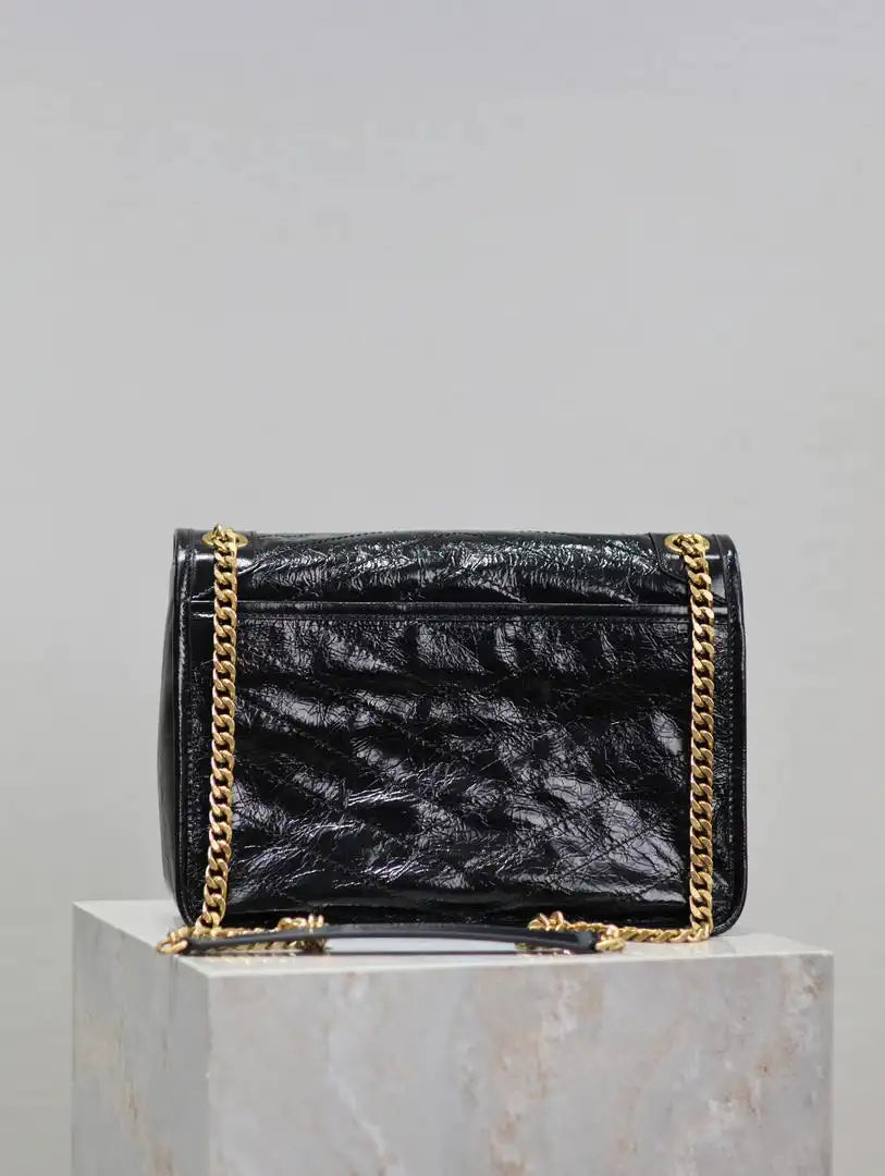 Yves Saint Laurent YSL 633158 Niki Medium In Quilted Crinkled Vintage Leather Bag Black Gold